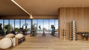 Gimnasio comunitario con vistas al exterior