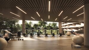 Zona de gimnasio cubierta con vistas a los jardines