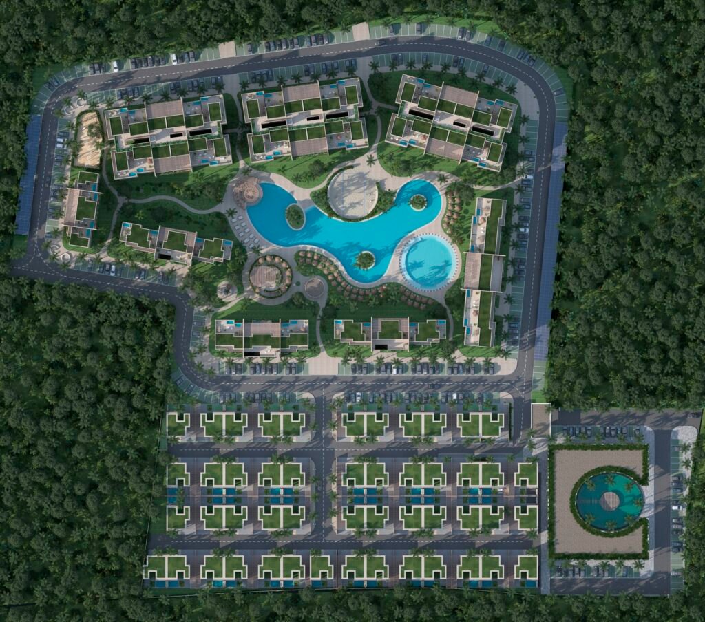 Los Corales, Punta Cana: vista cenital del complejo con piscinas y jardines