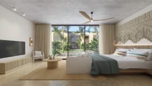Dormitorio luminoso con puertas de cristal hacia el jardín