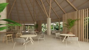 Restaurante exterior cubierto con estructura de madera