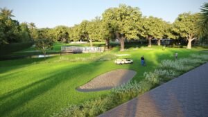 Zona verde de campo de golf con búnker de arena
