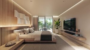 Dormitorio de lujo con terraza y jardín