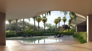 terraza con piscina y jardín con palmeras