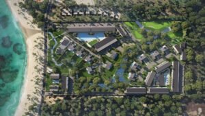 Vista aérea de una urbanización rodeada de vegetación