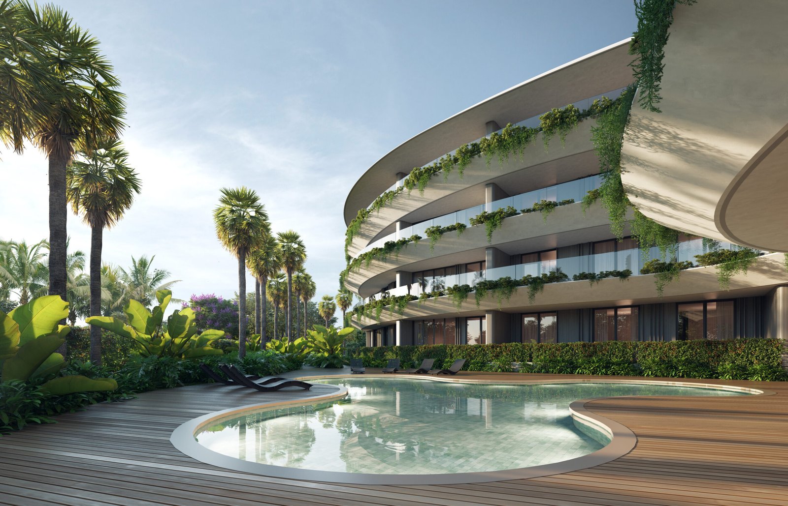 Fachada moderna del edificio con jardines