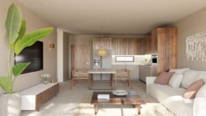 Cocina abierta con comedor y acabados en madera