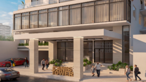 Fachada moderna del edificio con acceso principal