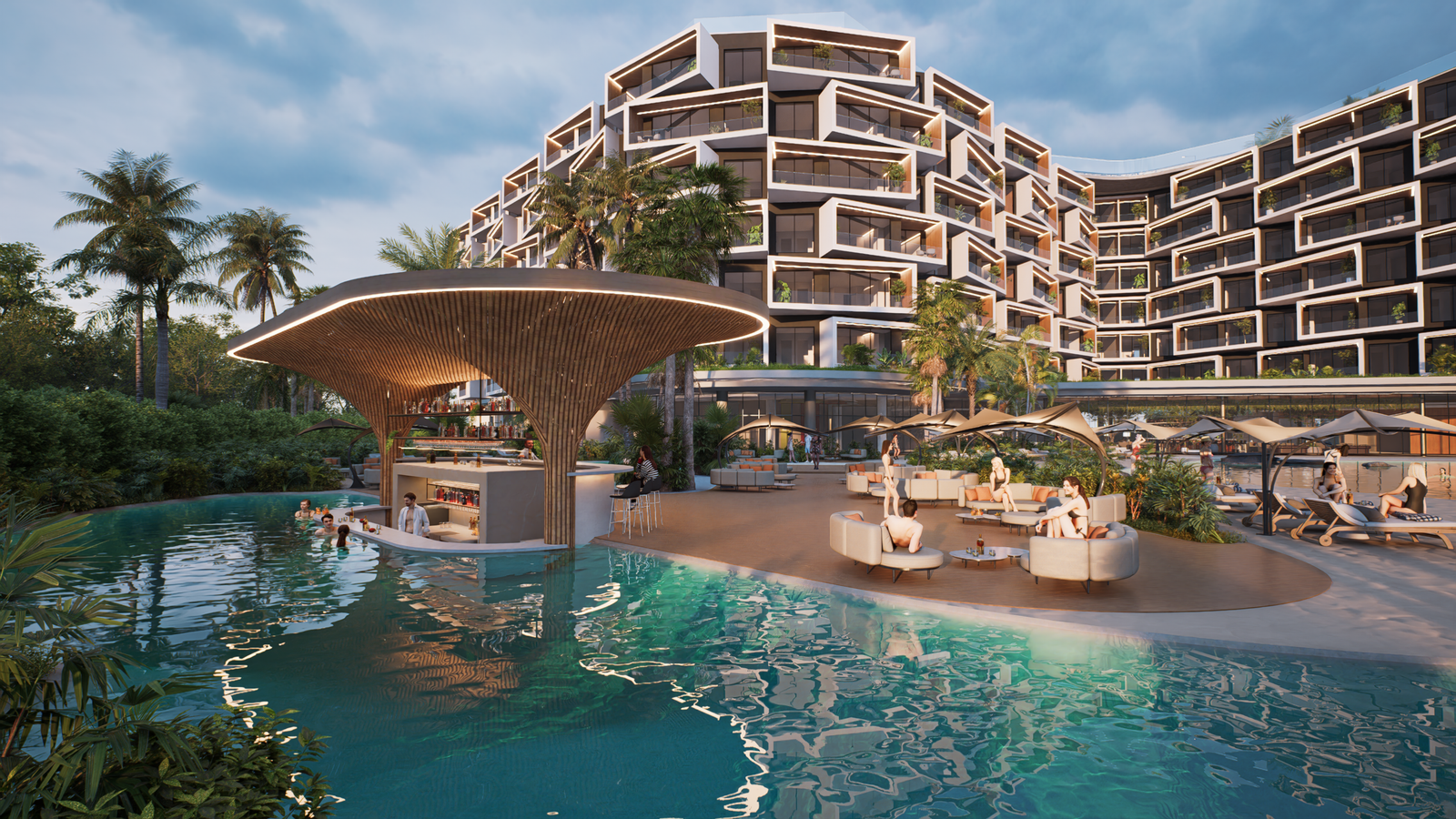 Complejo residencial de arquitectura orgánica con piscina
