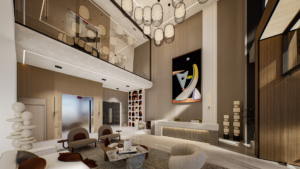 Salón de doble altura con acabados de lujo