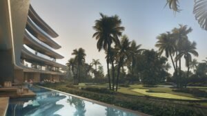 Golf con palmeras situado entre edificios residenciales
