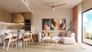 Cocina comedor moderno con cuadros decorativos sobre la cama