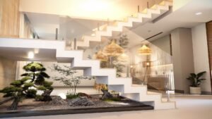 Escalera blanca de diseño en una vivienda moderna