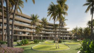 Edificio residencial rodeado de palmeras y jardines