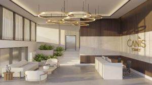 Lobby de lujo con iluminación moderna