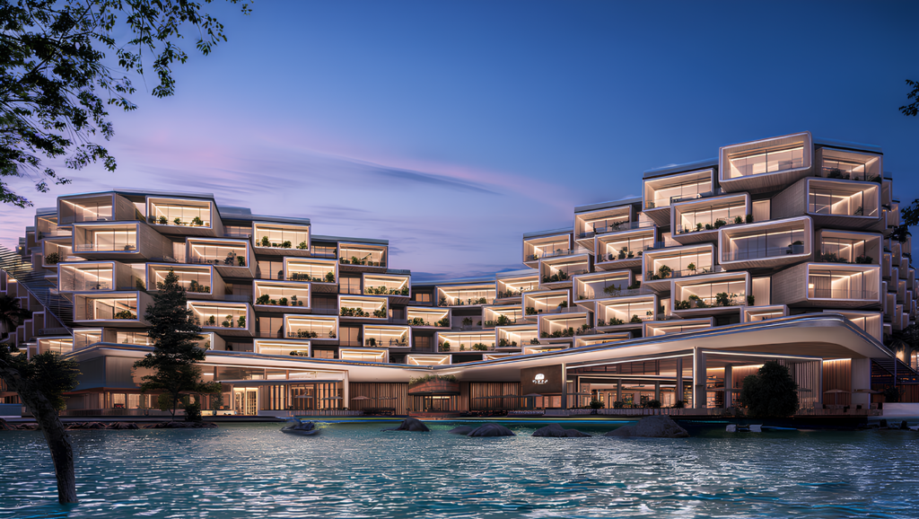 Invertir en Cap Cana: edificio residencial con terrazas escalonadas al atardecer