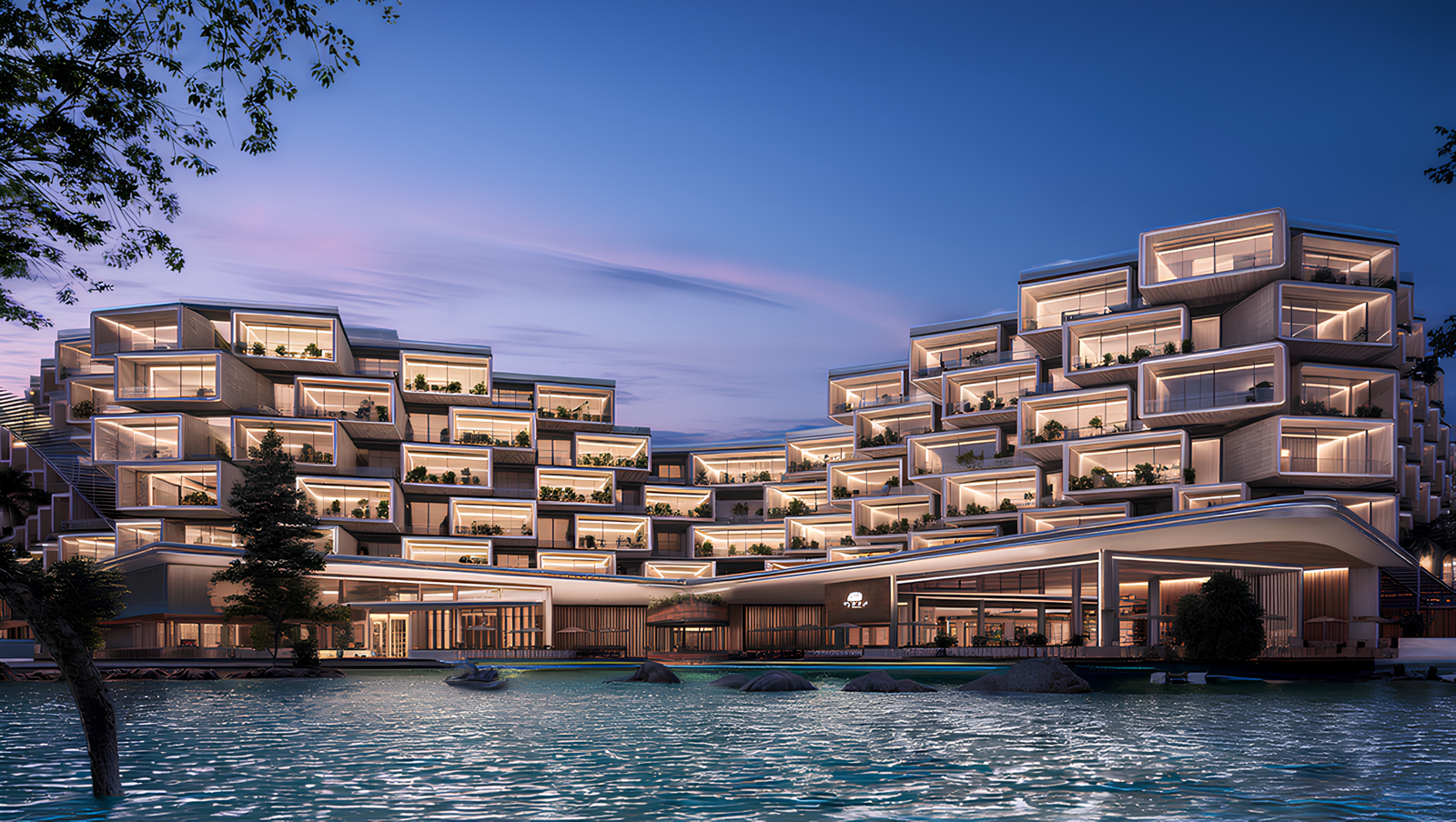 Invertir en Cap Cana: edificio residencial con terrazas escalonadas al atardecer