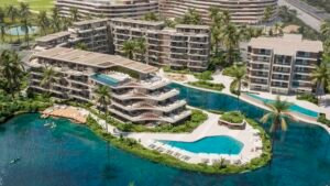 Vista aérea de edificios residenciales y piscinas