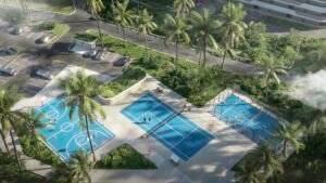 Vista aérea de pistas deportivas dentro del residencial