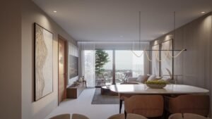 Salón moderno con grandes ventanales