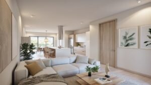 Salón moderno con cocina abierta
