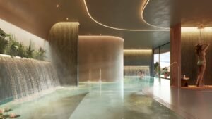 Interior de spa con formas curvas e iluminación ambiental