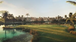 Campo de golf rodeado de palmeras y residencias