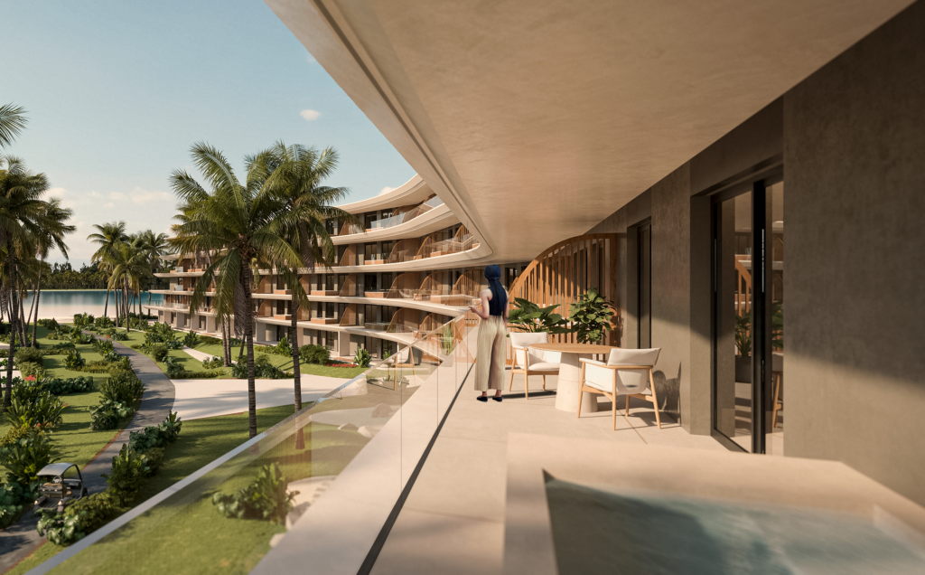 Master Plan Cabeza de Toro, Punta Cana: pasarela exterior junto a un edificio con terrazas curvas