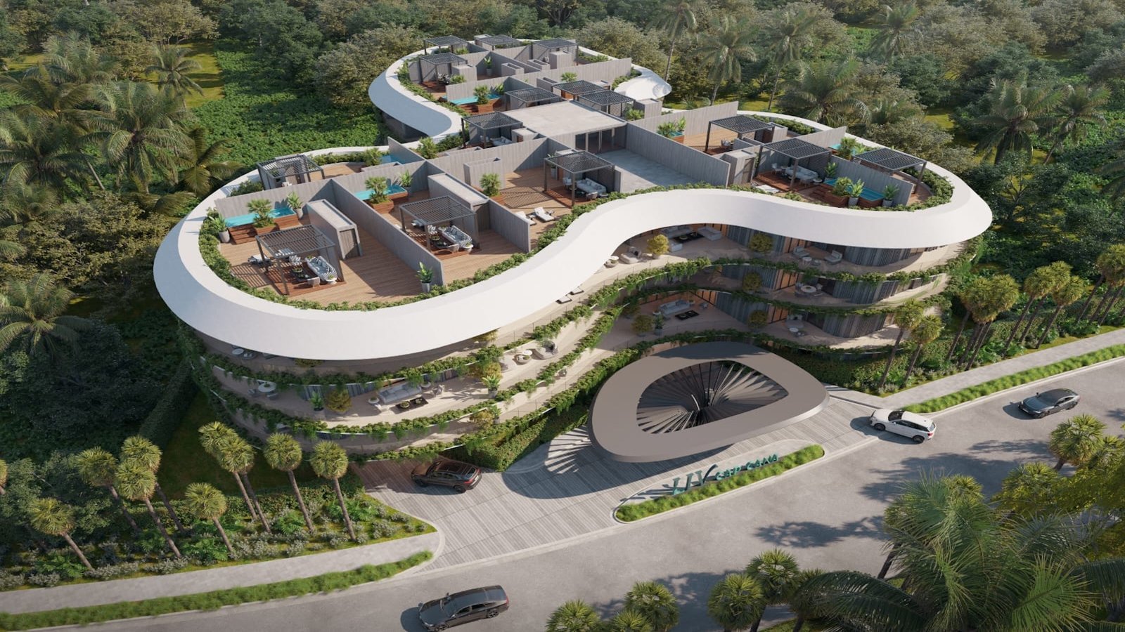 Apartamentos en Cap Cana: vista aérea del complejo LV con terrazas y palmeras