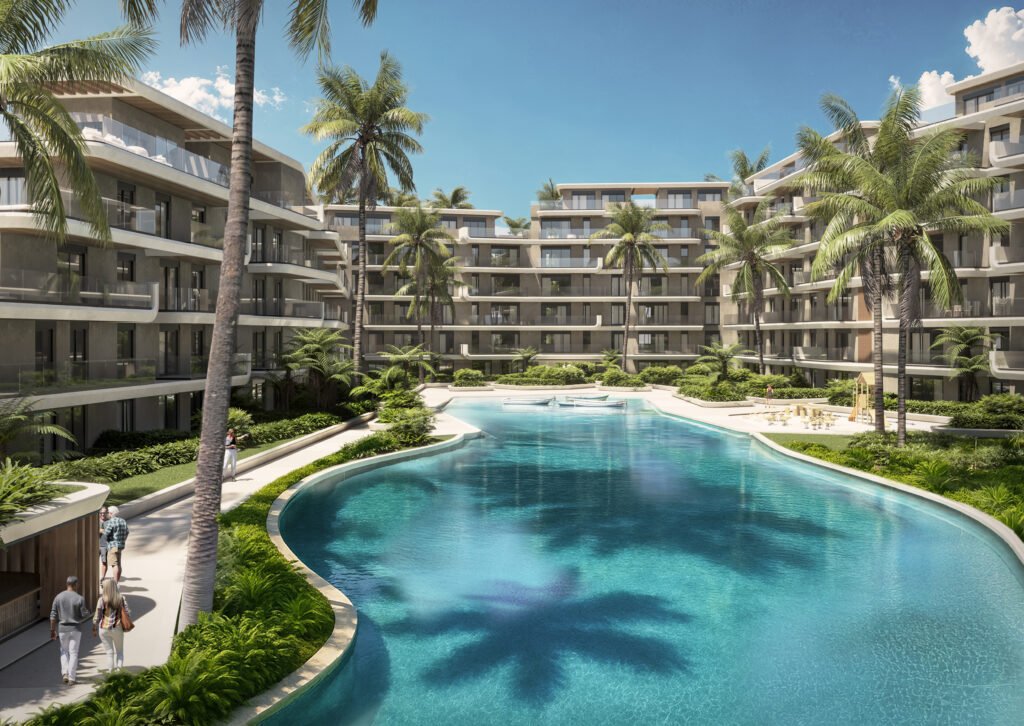 Cap Cana, Punta Cana: piscina central rodeada por apartamentos y jardines