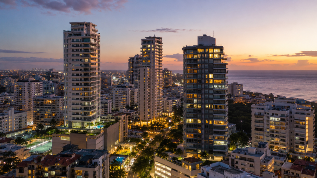 Skyline de Santo Domingo al atardecer, zona residencial para invertir en República Dominicana