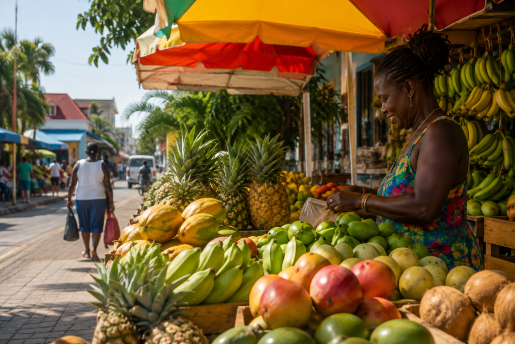 Mercado local de frutas tropicales, parte de la cultura y vida cotidiana en República Dominicana