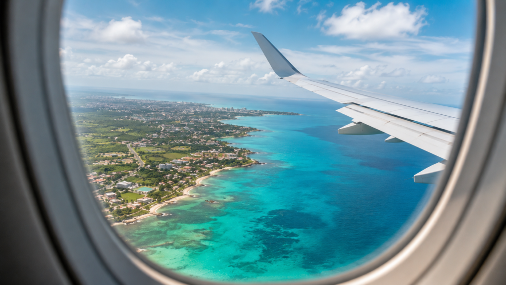 Vista aérea de la costa desde el avión, llegada a República Dominicana