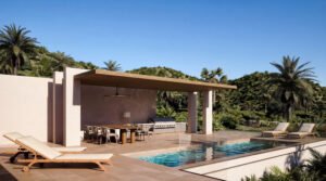 Porche cubierto con comedor exterior, tumbonas y piscina privada