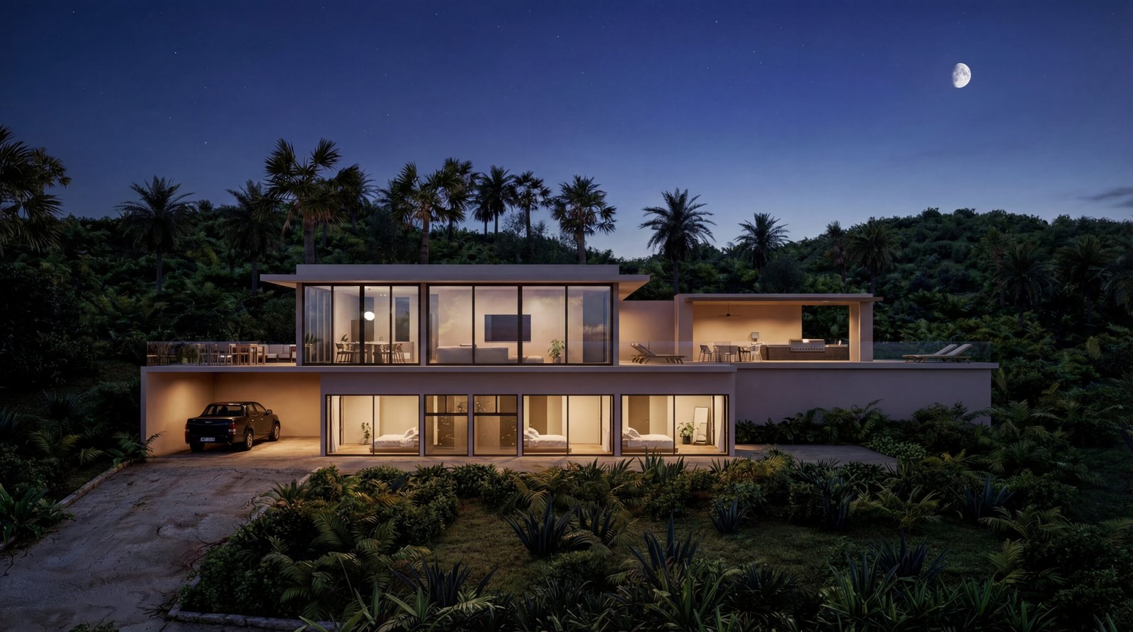 Fachada de la villa en la loma de Las Terrenas rodeada de vegetación tropical al anochecer