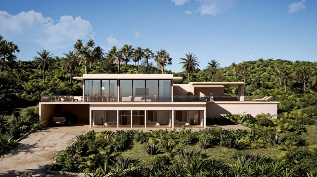Fachada de la villa en la loma de Las Terrenas rodeada de vegetación tropical